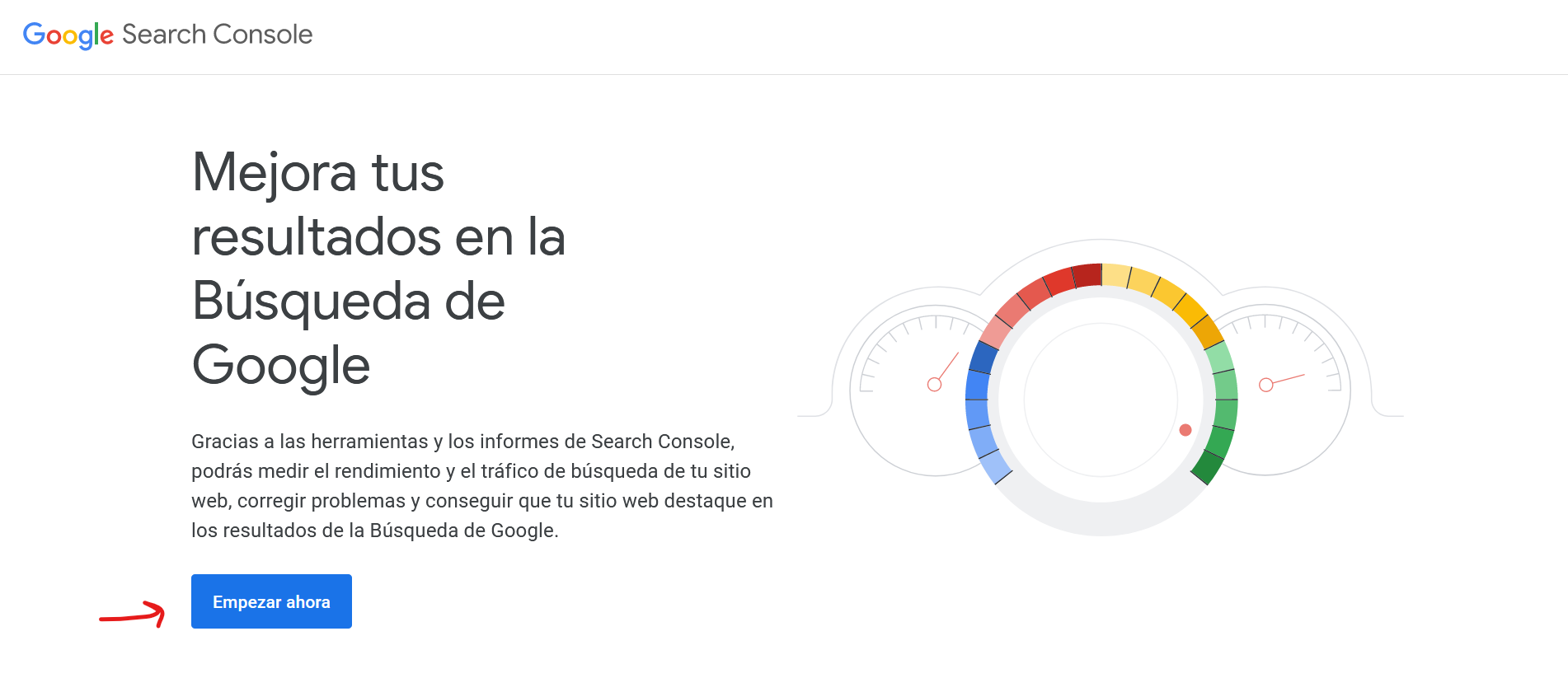 Página de inicio de Google Search Console