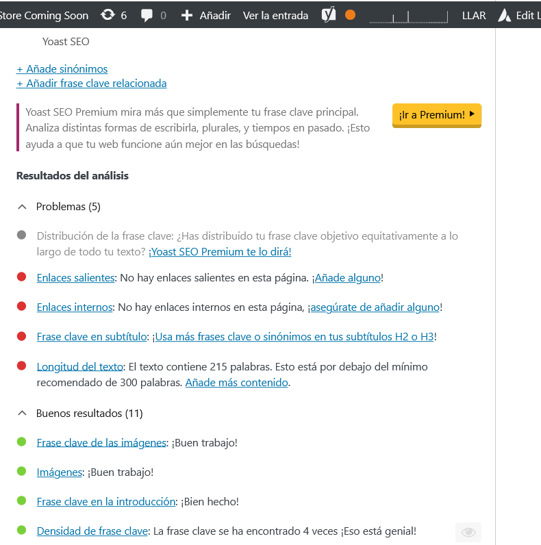 Yoast SEO básico. Ejemplo práctico. Ejemplo práctico de consejos que te ofrece Yoast SEO