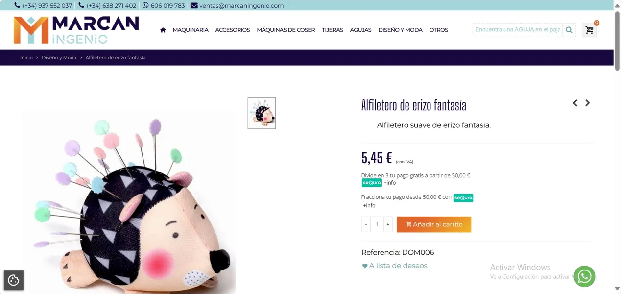 Ejemplo parte superior de una ficha de producto