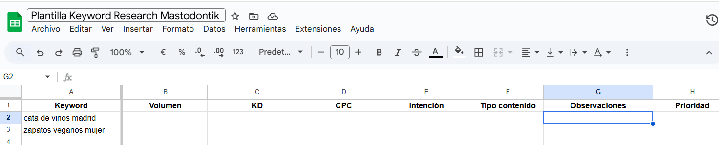 plantilla keyword research google sheet Base de la plantilla para la keyword research